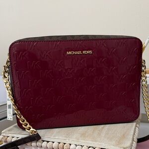Michael Kors Burgundy Patent MK Logo Crossbody with Gold Chain
